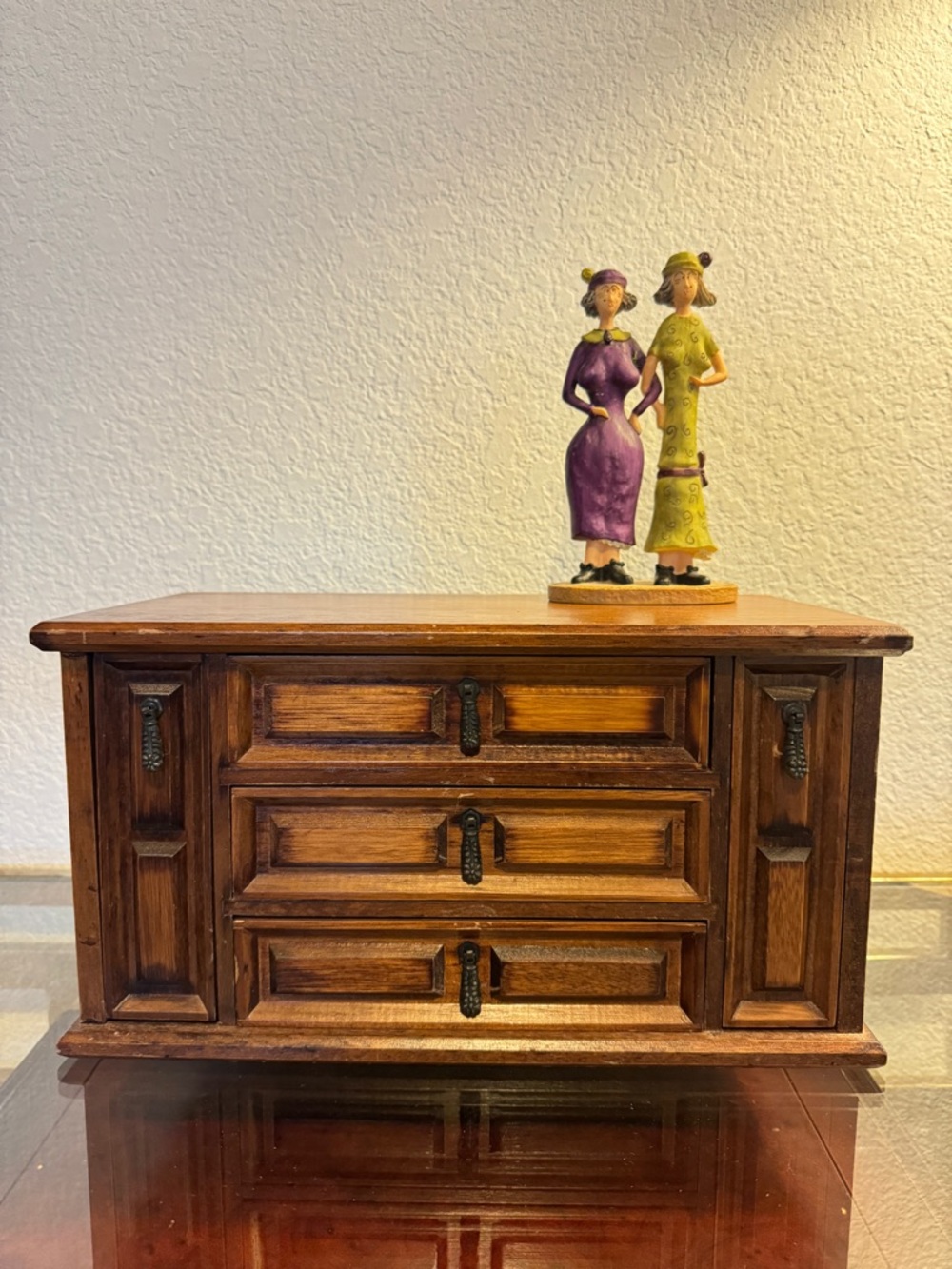 Vintage Wooden 12" Jewelry Box with 3 Drawers and 2 Side Ring Storage Holders